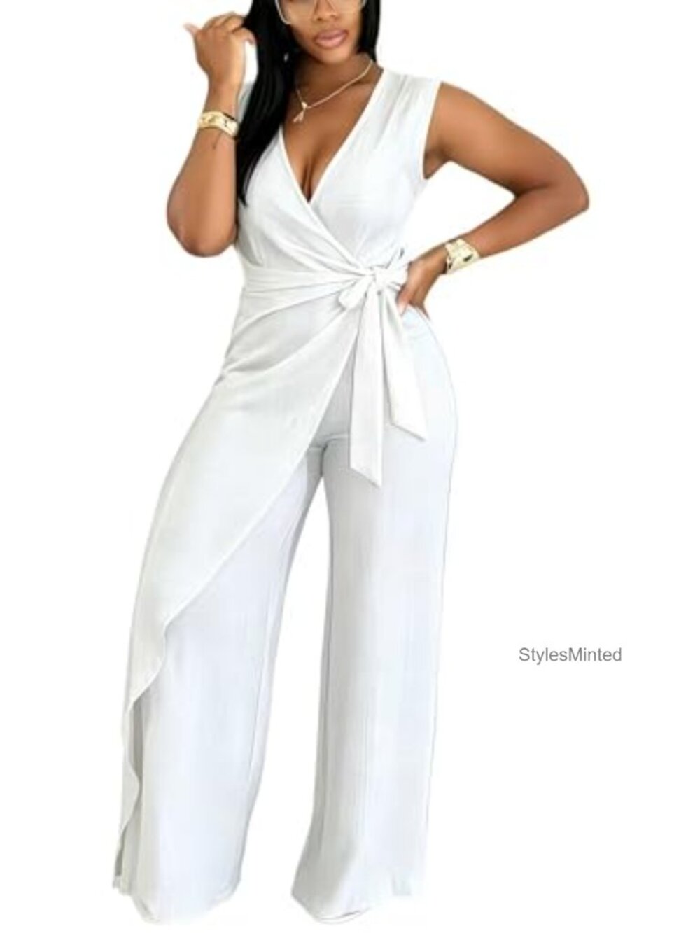 Women's Sleeveless V-Neck Wide Leg Jumpsuit with Tie Waist